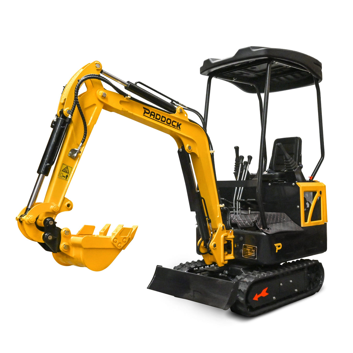 Yellow and black mini excavator with Paddock branding, featuring a large digging arm, metal tracks, and an open operator seat with controls. The machine is isolated on a white background.