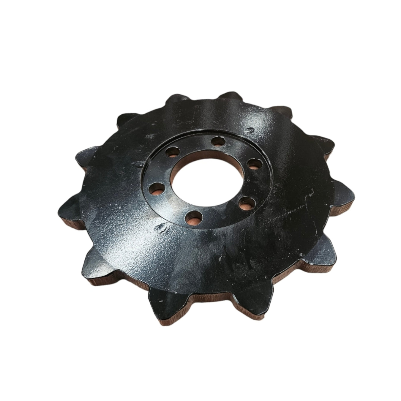 A black, metal, circular gear with ten evenly spaced teeth and five holes around a central opening, displayed on a white background.