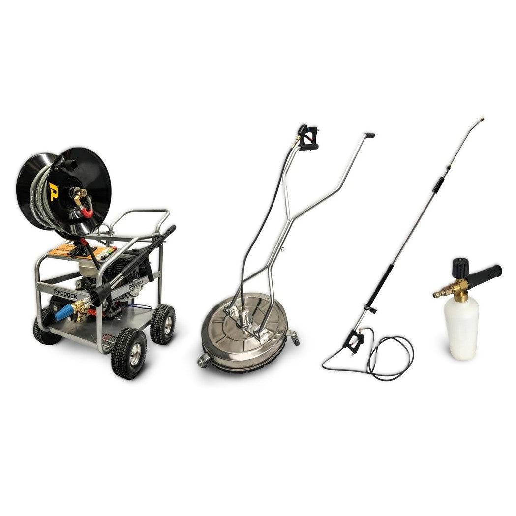 A professional pressure washer with four wheels, a hose reel, a surface cleaner attachment, a long spray wand, and a foam cannon attachment, all set on a white background.