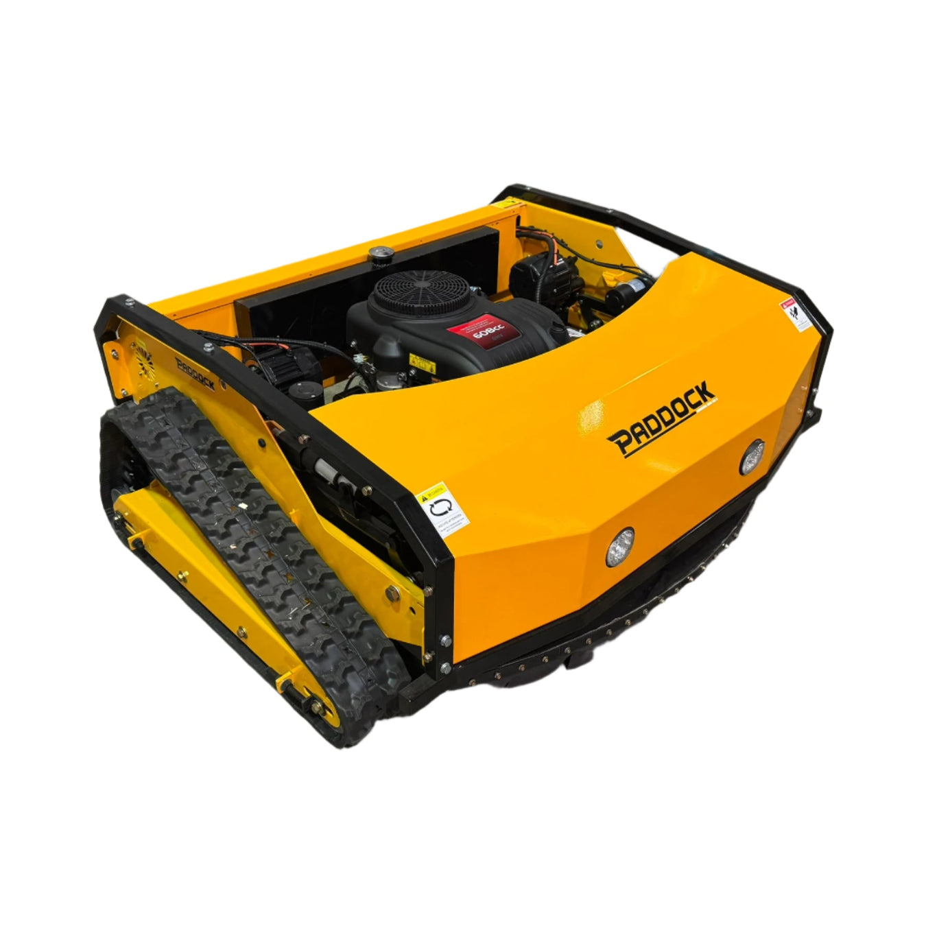 A yellow remote-controlled tracked mower labeled Paddock with a robust exterior and visible engine components, designed for heavy-duty outdoor use.