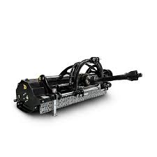 A black industrial flail mower attachment with a protective cage, designed for cutting vegetation and clearing land, shown on a white background.