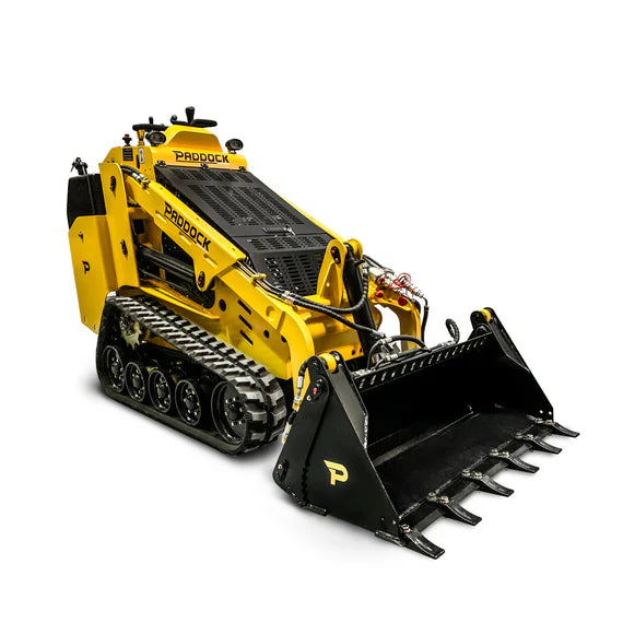 A yellow, compact, tracked mini skid steer loader with a black front bucket attachment, designed for construction and landscaping tasks.