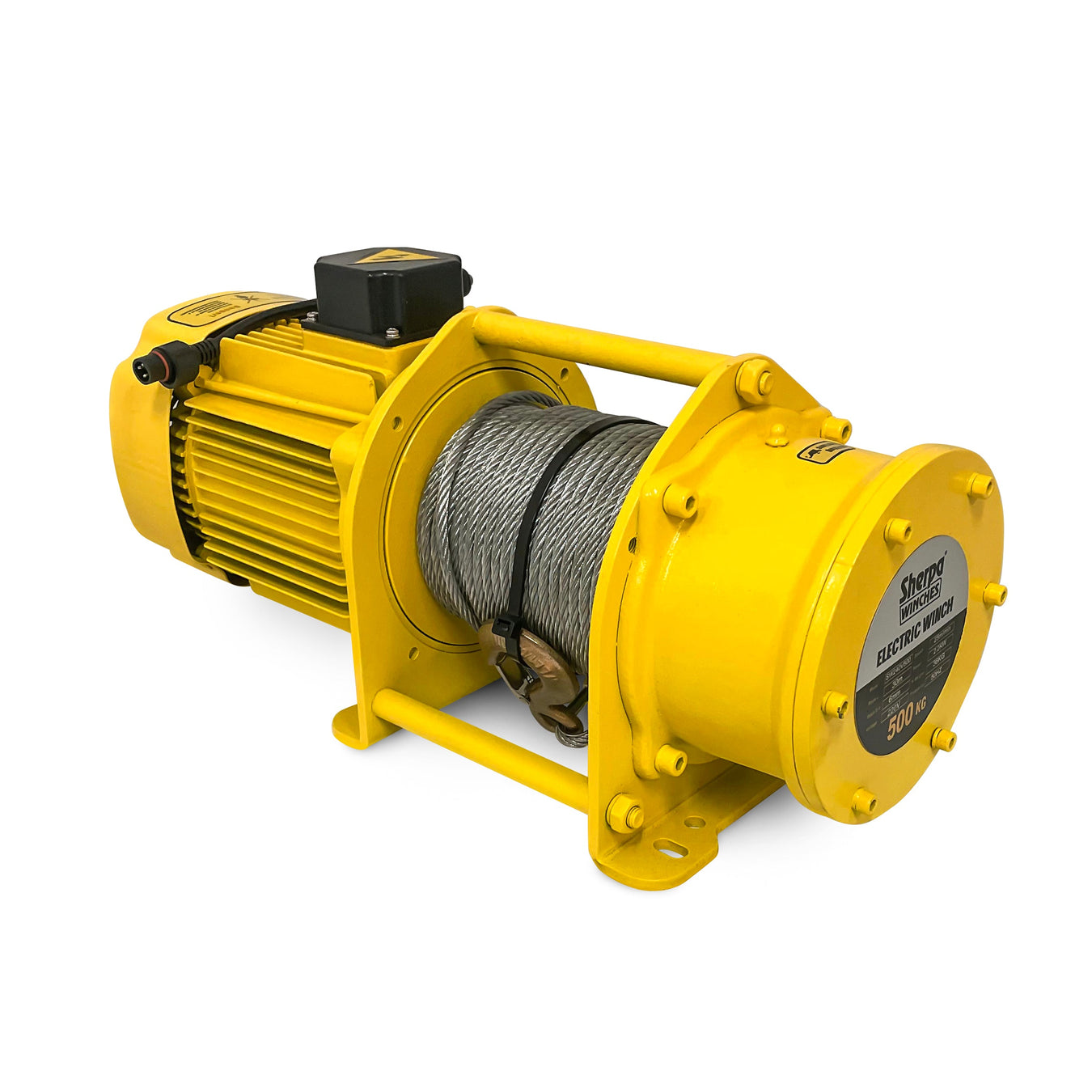 A yellow industrial electric winch with a metal cable wound around a spool, featuring a motor on one end and a protective cover on the other.