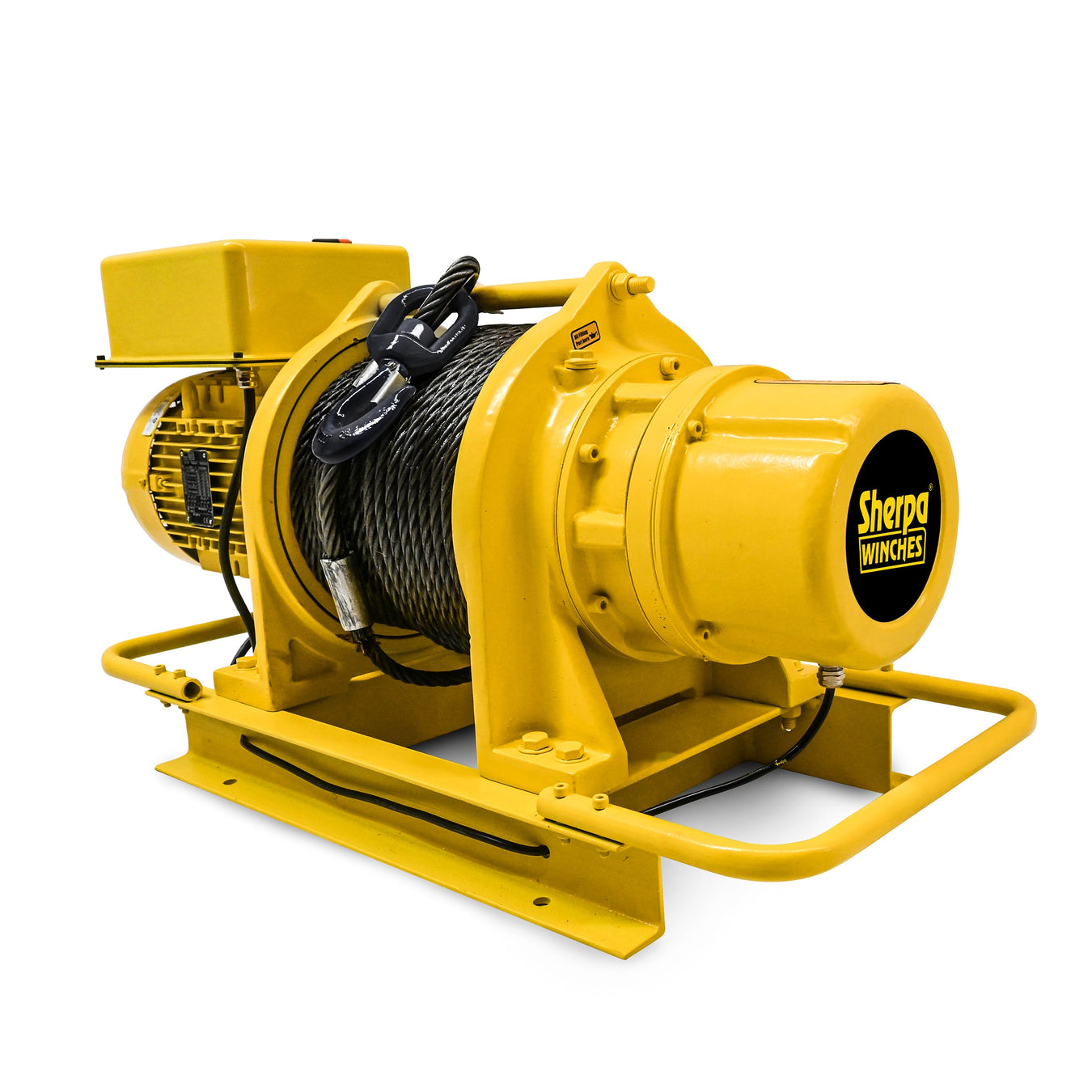 A yellow electric winch with a coiled steel cable and a control box, labeled Sherpa Winches, mounted on a sturdy yellow base.