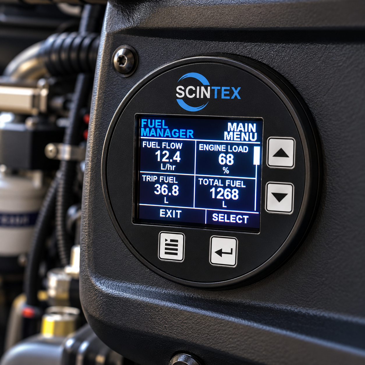 Round Scintex Engine Fuel Consumption Gauge & Fuel Flow Display – NMEA 2000 showing real-time fuel flow, engine load, trip fuel, and total fuel statistics.