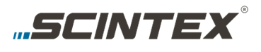 The image shows the SCINTEX logo in bold, black uppercase letters, with three blue diagonal lines to the left of the text and a registered trademark symbol to the upper right.
