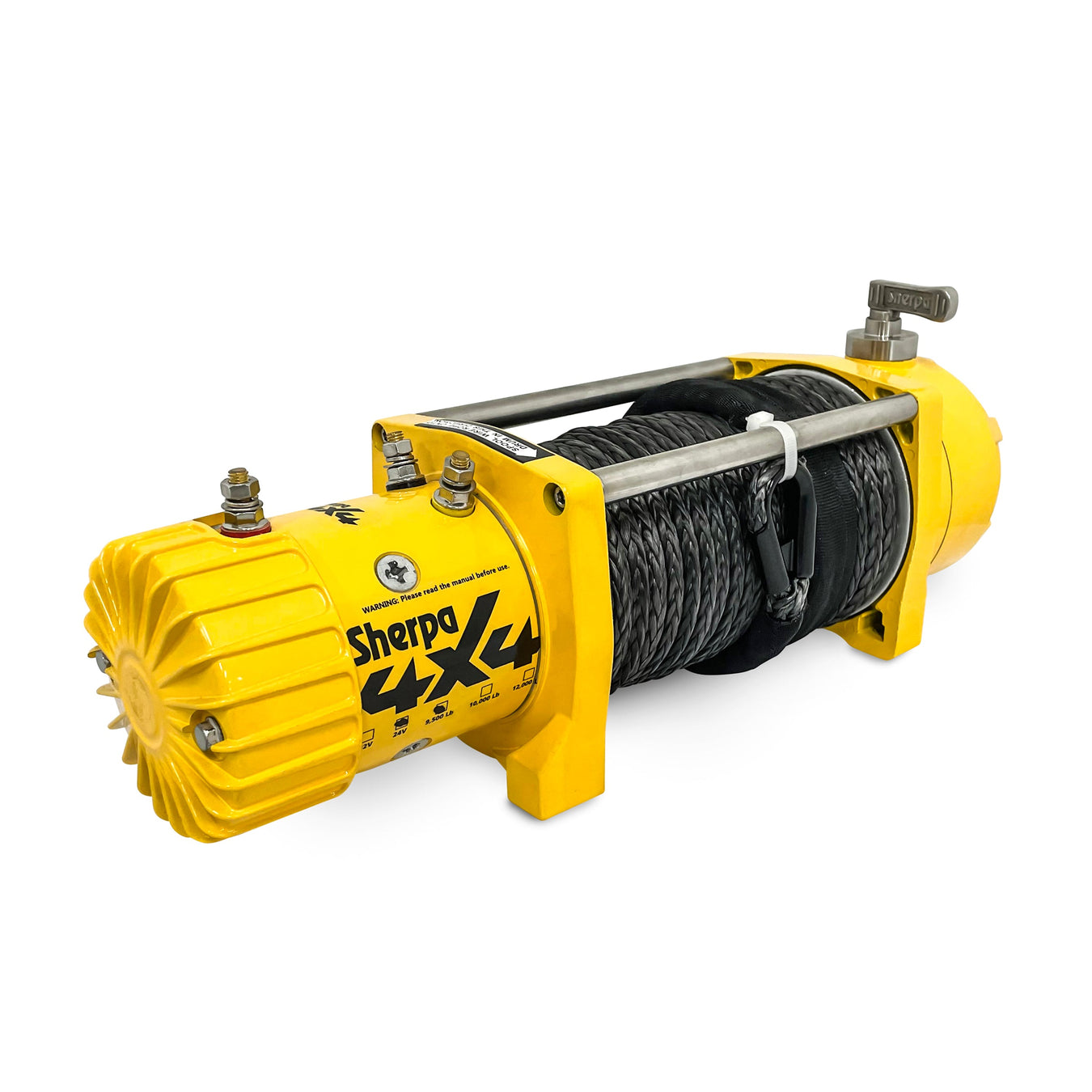 A yellow Sherpa 4x4 electric winch with a black synthetic rope, metal hooks, and mounting hardware, designed for off-road vehicle recovery.