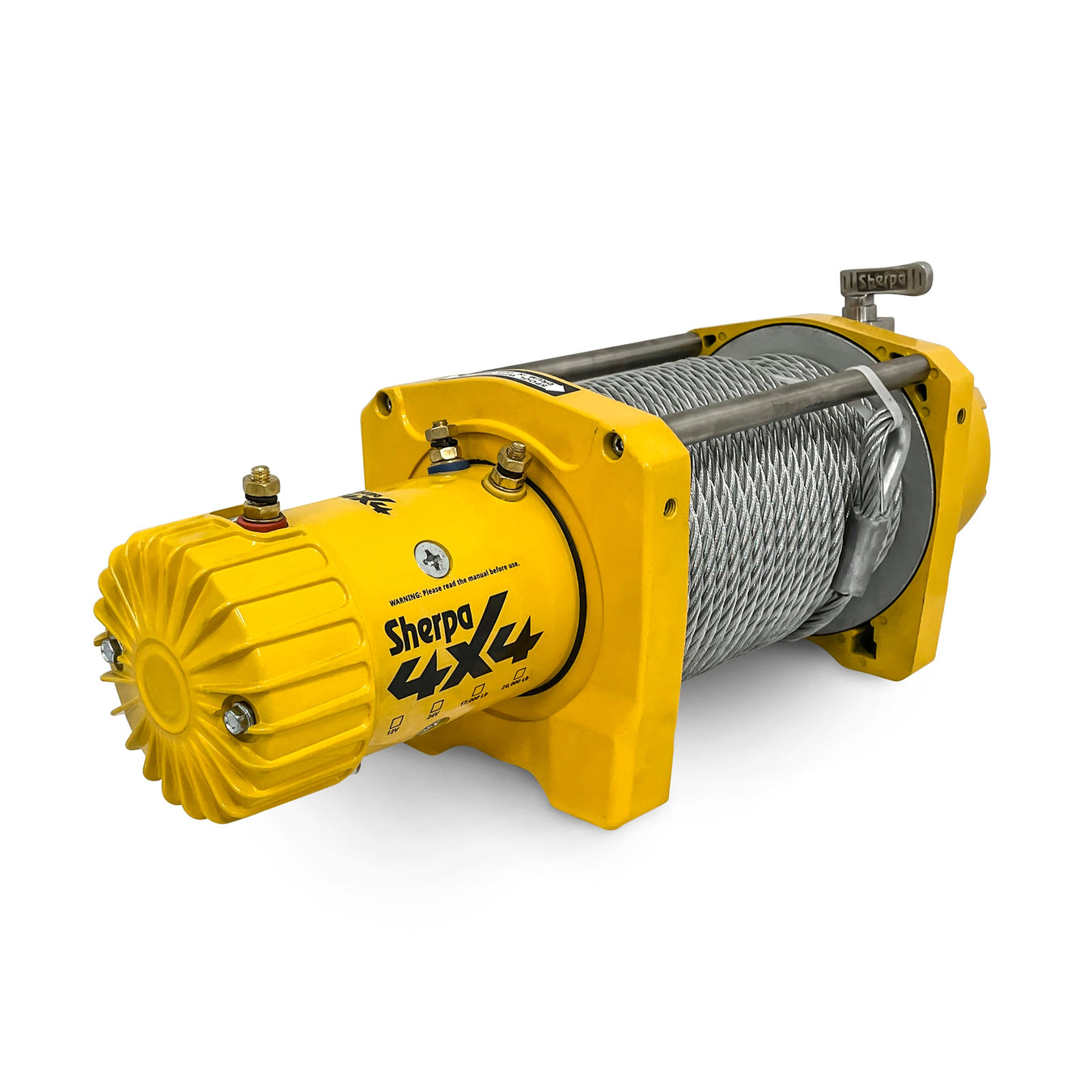 A yellow Sherpa 4x4 winch with a metal cable, mounted on a metal base, designed for vehicle recovery and off-road use.