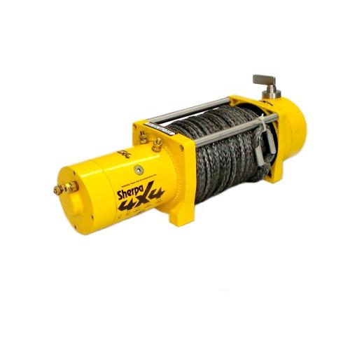 A yellow electric winch labeled Sherpa 4x4 with a spool of steel cable, metal hooks, and a handle, designed for vehicle recovery or towing.