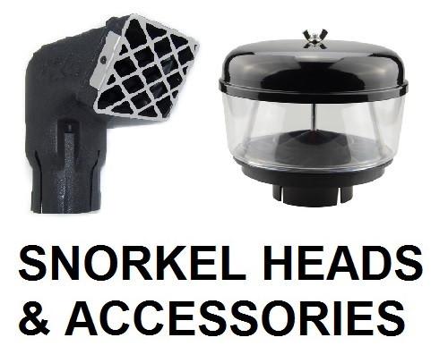 Two black snorkel heads and accessories are shown above large bold text that reads SNORKEL HEADS & ACCESSORIES on a white background.