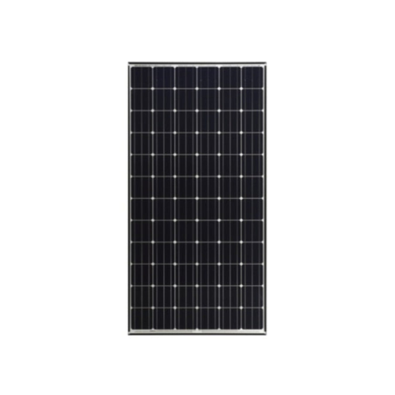A rectangular solar panel with a grid of black photovoltaic cells and thin white lines, bordered by a silver frame, isolated on a white background.