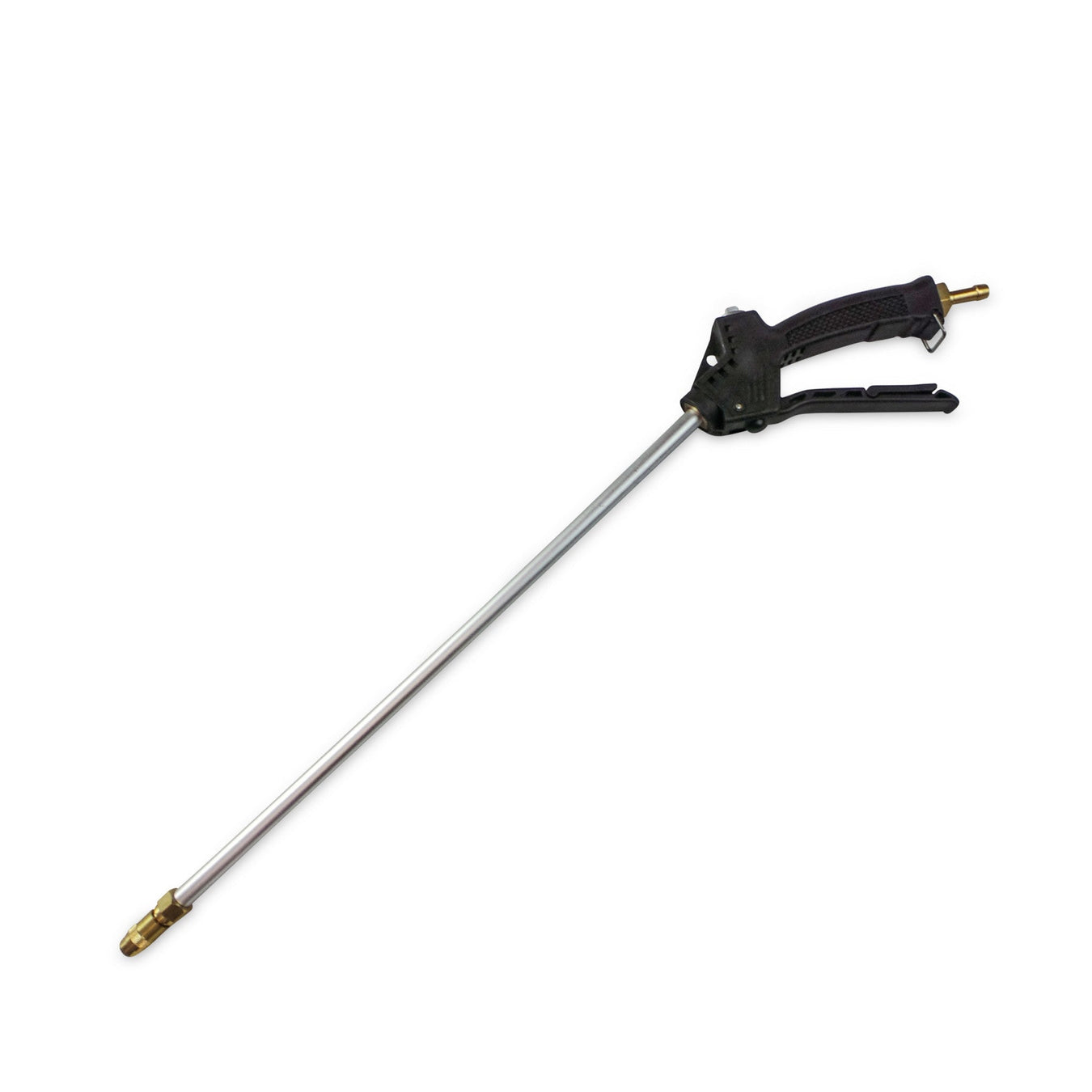 A long metal pressure washer spray gun with a black handle and trigger, featuring brass fittings at both ends, is shown on a white background.