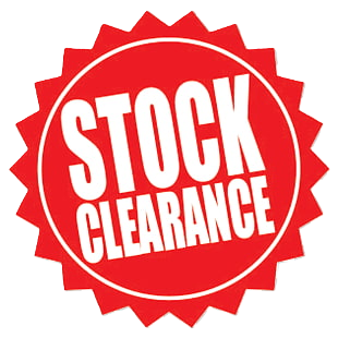 A red, starburst-shaped badge with bold white text reading STOCK CLEARANCE, indicating a sale or discount event.