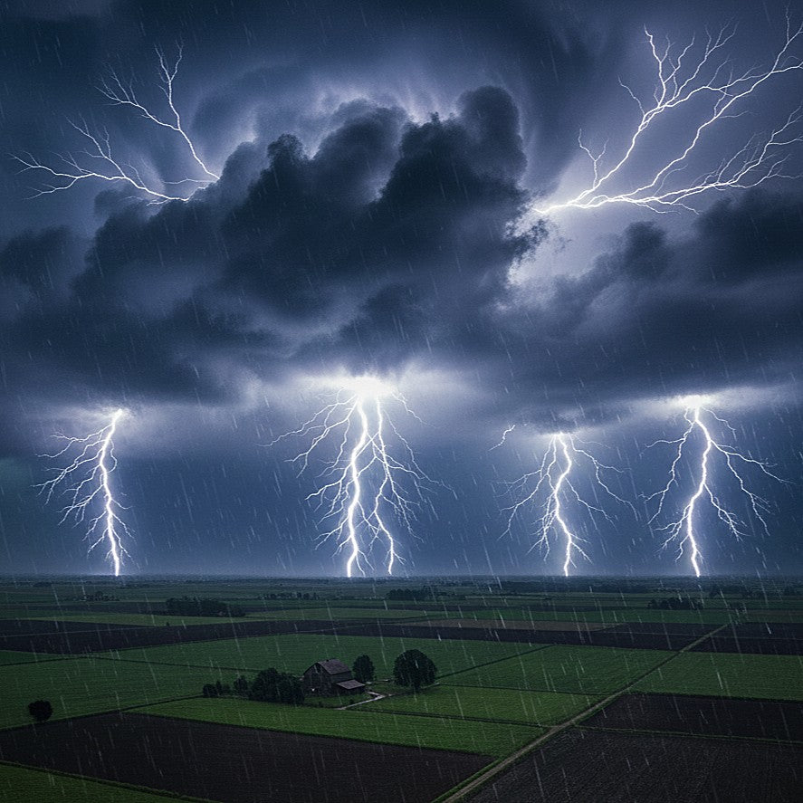 Dark storm clouds with bright lightning bolts illuminating the sky above dense, billowing clouds, creating a dramatic and intense atmosphere.