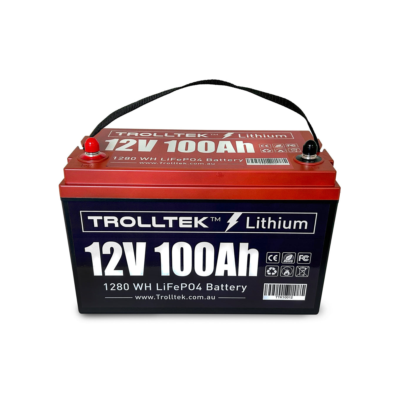A rectangular Trolltek lithium battery, 12V 100Ah, with red and black terminals and a black carrying strap, labeled “1280 WH LiFePO4 Battery” on the front.