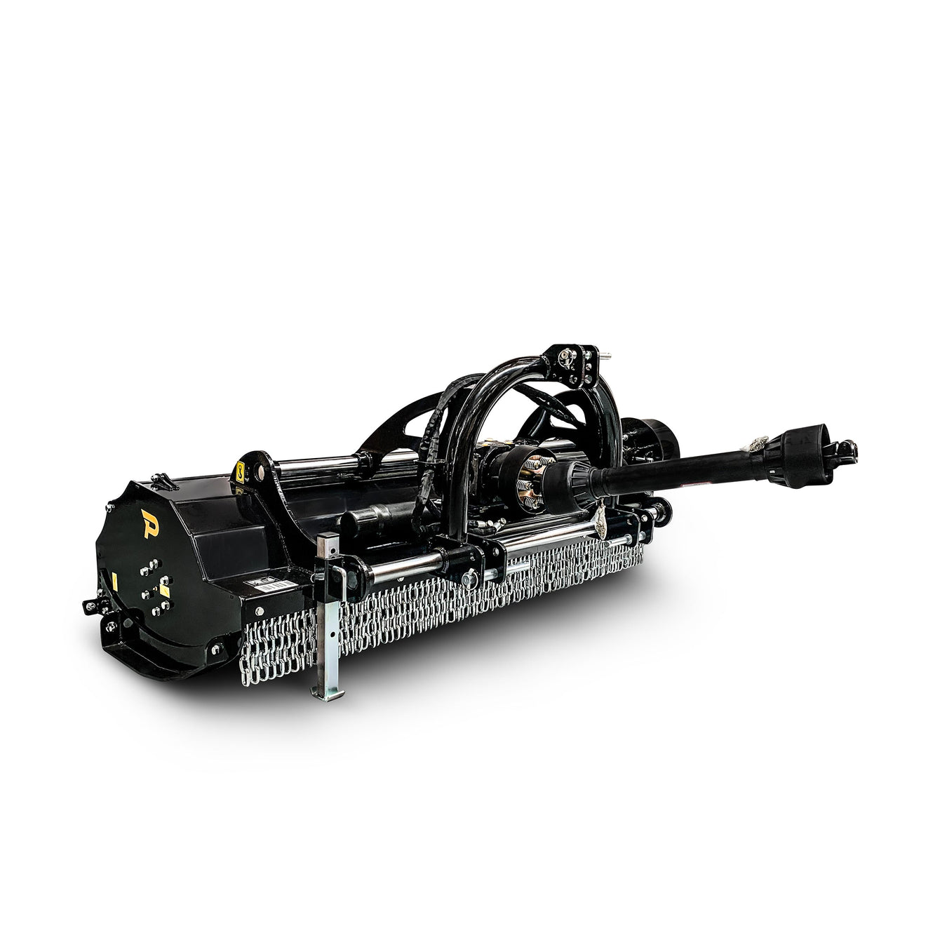 A heavy-duty black industrial mulcher attachment with metal blades and hydraulic components, designed for agricultural or landscaping machinery, isolated on a white background.