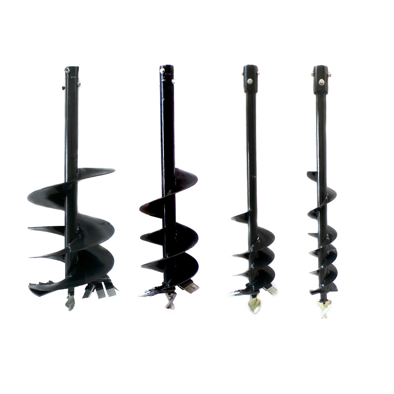 Four black metal auger drill bits of varying sizes are standing upright in a row against a white background.
