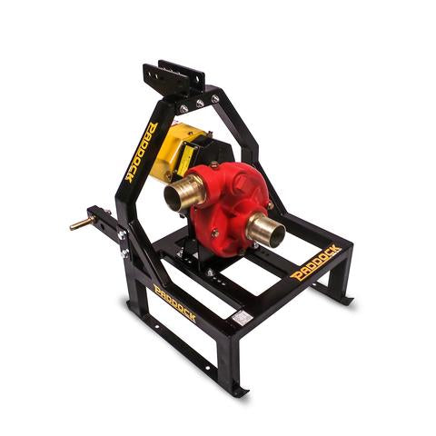 A black and yellow Paddock pump frame holds a red pump with two large metal pipe fittings, set against a white background.