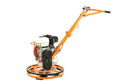 An orange power trowel machine with a long handle and engine, used for smoothing and finishing concrete surfaces. The machine has a circular metal base with exposed blades.