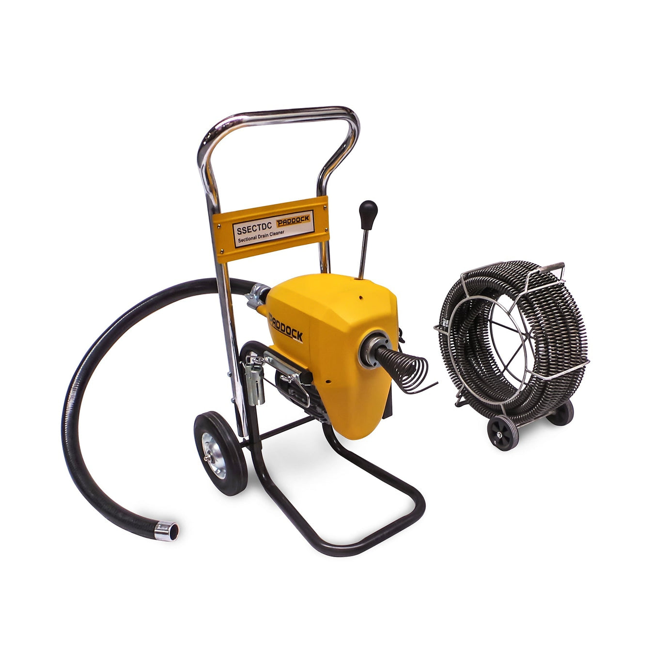 A yellow and black drain cleaning machine with wheels, a handle, detachable hose, and a metal coil reel on a small wheeled cart, displayed on a white background.