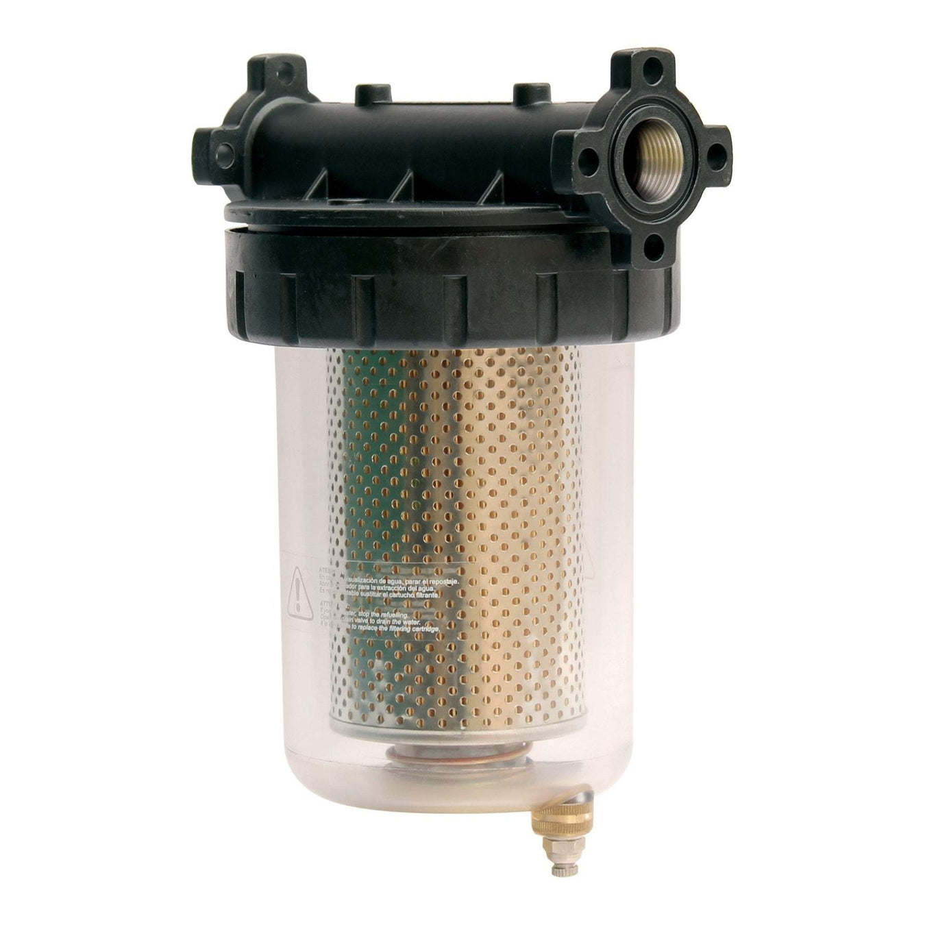A transparent water filter housing with a cylindrical perforated metal filter inside and a black plastic top featuring threaded pipe connections.