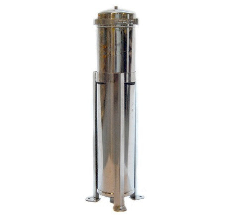 A tall, cylindrical stainless steel industrial water filter housing with a domed top, standing upright on three metal legs against a white background.