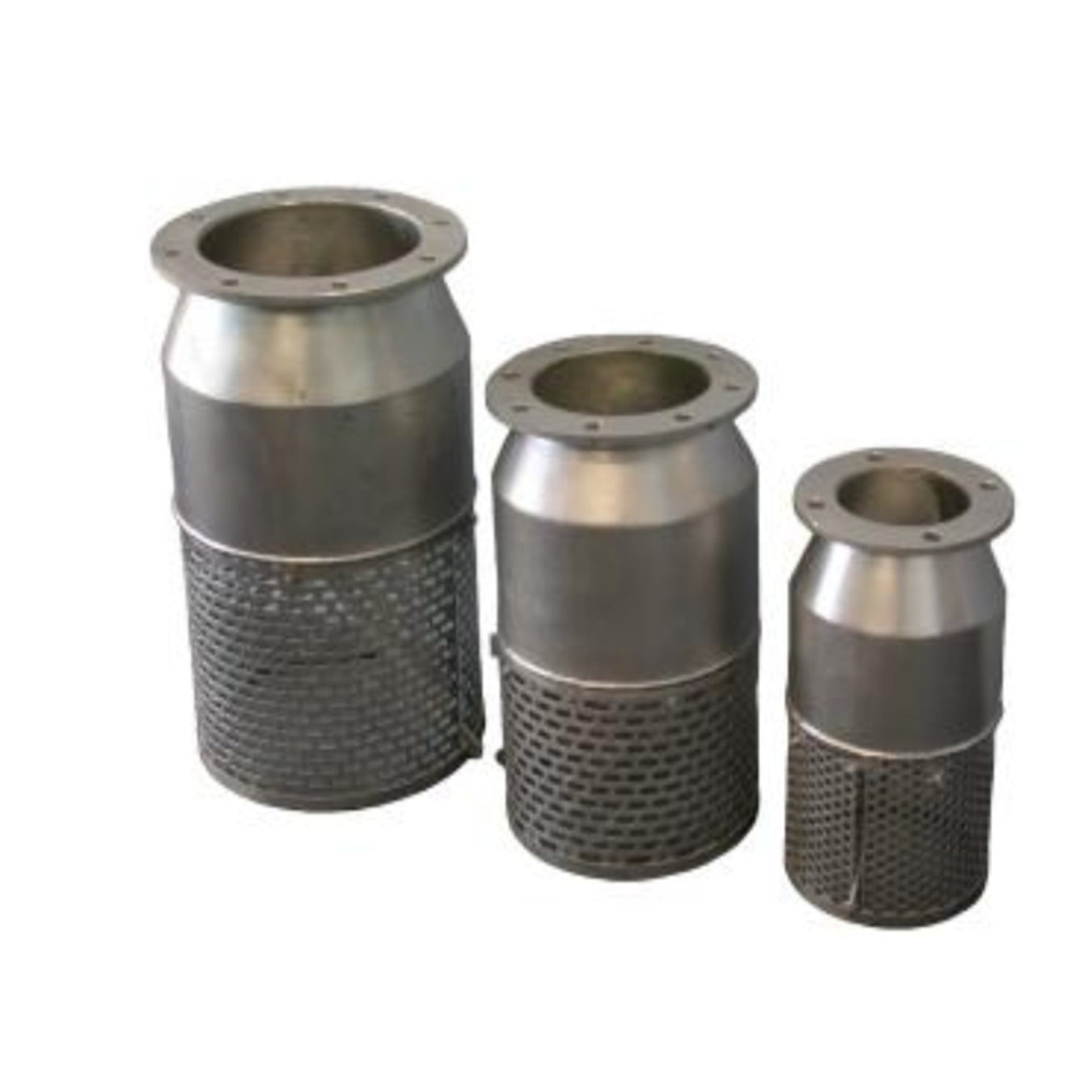 Three cylindrical metal filter strainers of varying heights and widths, each with a solid upper section and a perforated lower section, are arranged in a row on a white background.