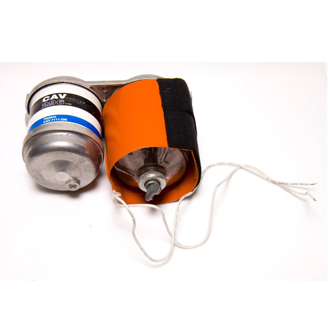 Two metal canisters, one partly covered by an orange and black fabric pouch with two white drawstrings, are placed on a white background. The exposed canister has a blue and white label.