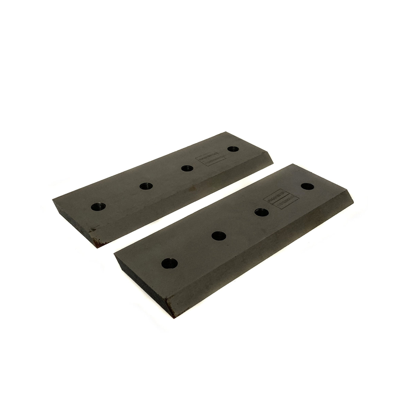 Two rectangular metal plates with beveled edges and five evenly spaced holes in each, placed on a white background.
