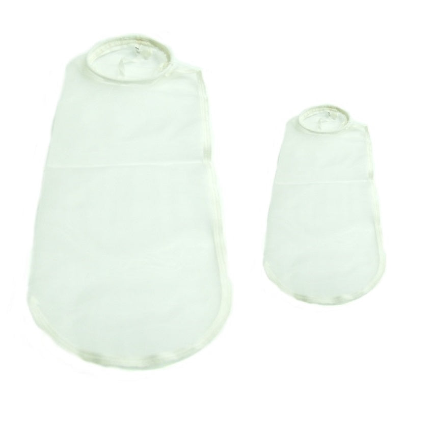 Two white mesh filter bags with round openings, one larger than the other, are displayed against a plain white background.