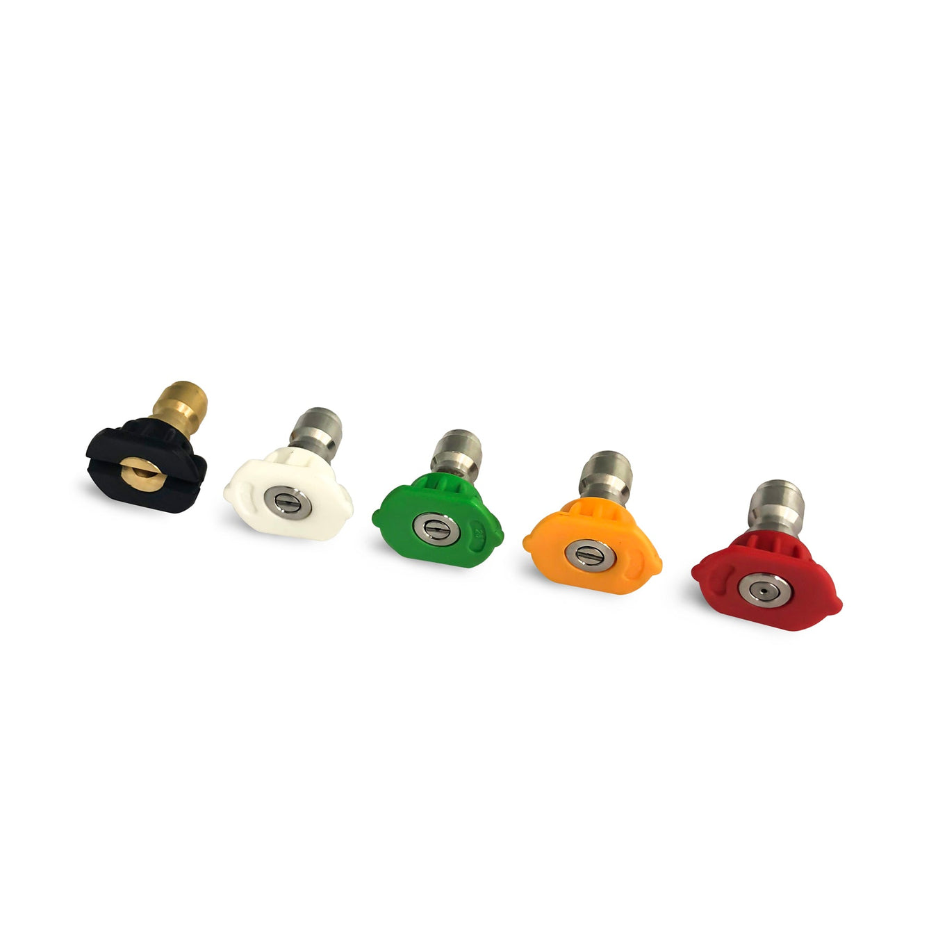 Five power washer nozzles in different colors (black, white, green, yellow, red) are lined up in a row on a white background.