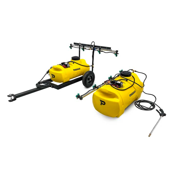 Two yellow tow-behind sprayers with wheels and black frames; one has a spray wand, and the other has an attached spray boom with multiple nozzles. Both have black hoses and connectors.