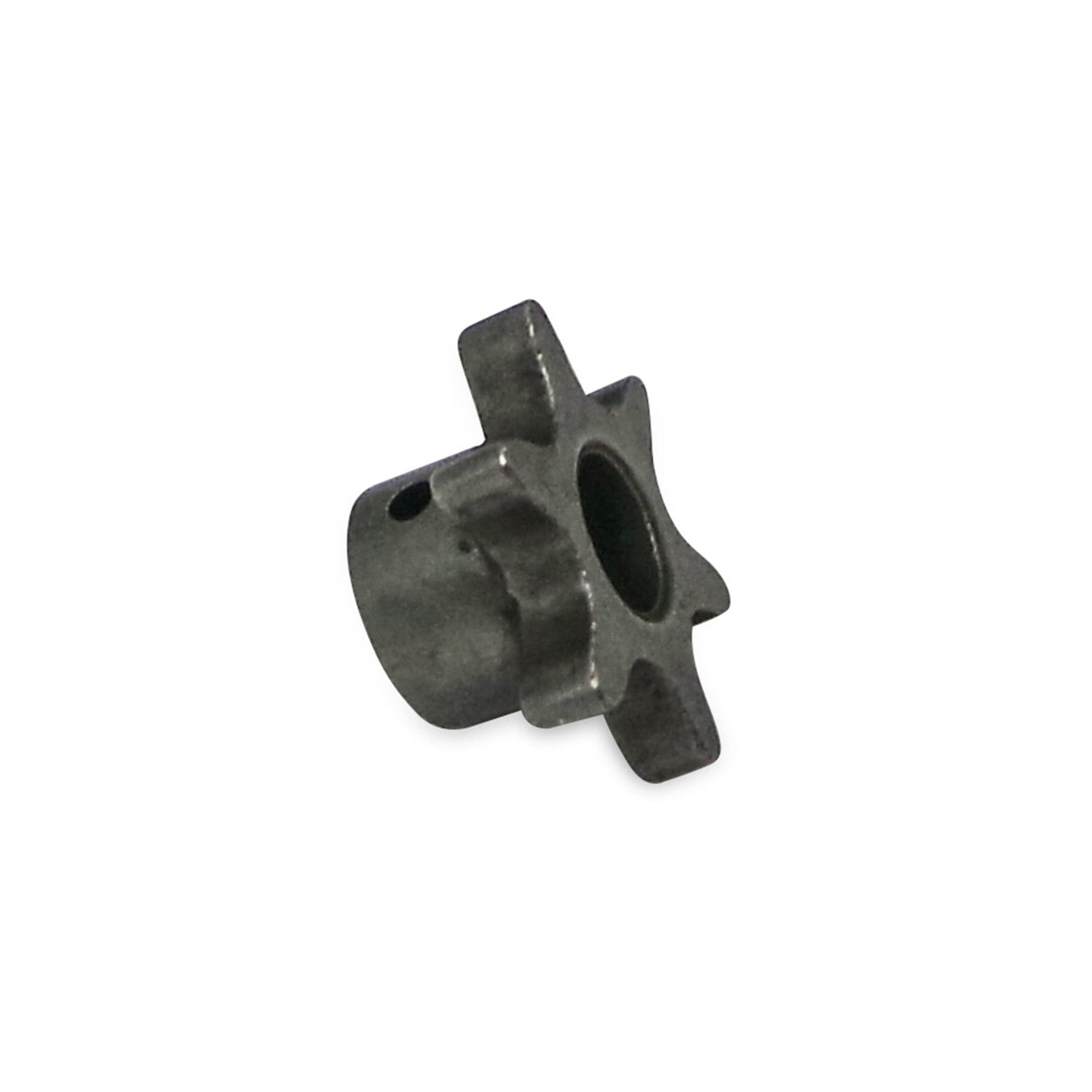 A small, metallic, star-shaped mechanical component with a central hole, isolated on a white background.