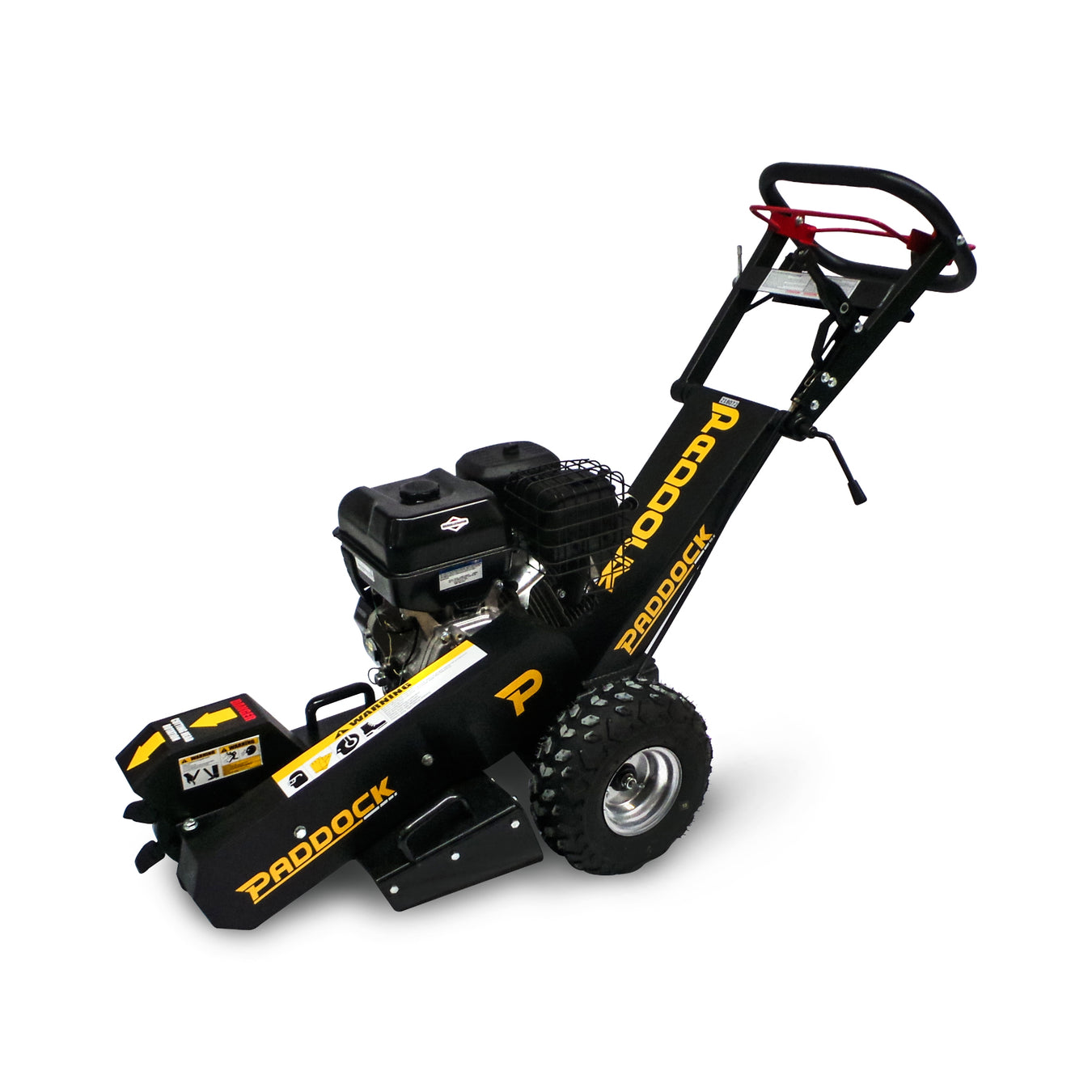 A black and yellow Praddock stump grinder machine with large wheels, engine, and handlebar, positioned on a white background.