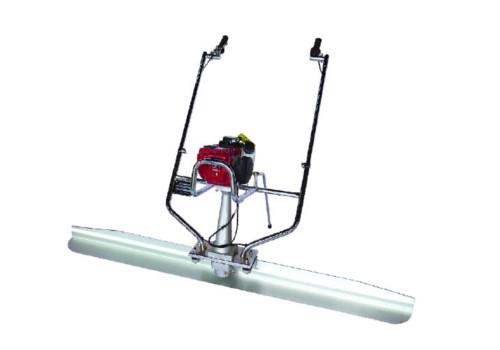 A concrete power screed with a metal blade, engine, and handlebars for smoothing and leveling freshly poured concrete.