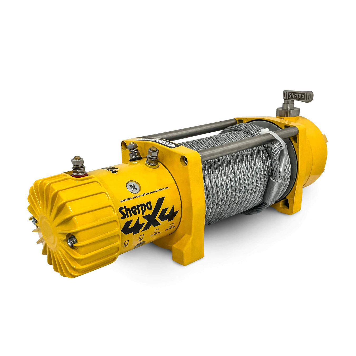 A yellow Sherpa 4x4 electric winch with a coiled steel cable, mounted on a metal frame, shown on a white background.