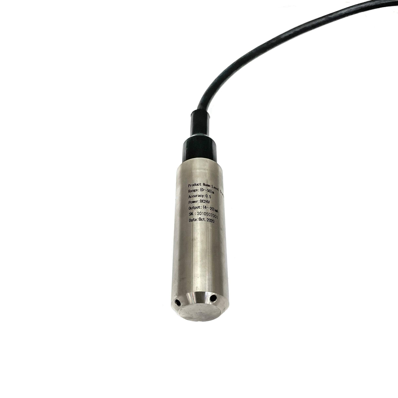 A cylindrical metal sensor with a black cable attached at one end, featuring some engraved text on its surface, shown against a plain white background.