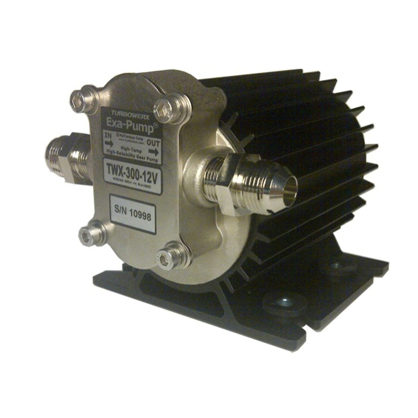 A metal Exa-Pump TWX-300-12V with black cooling fins and silver fittings, mounted on a black base, used for pumping automotive or industrial fluids.