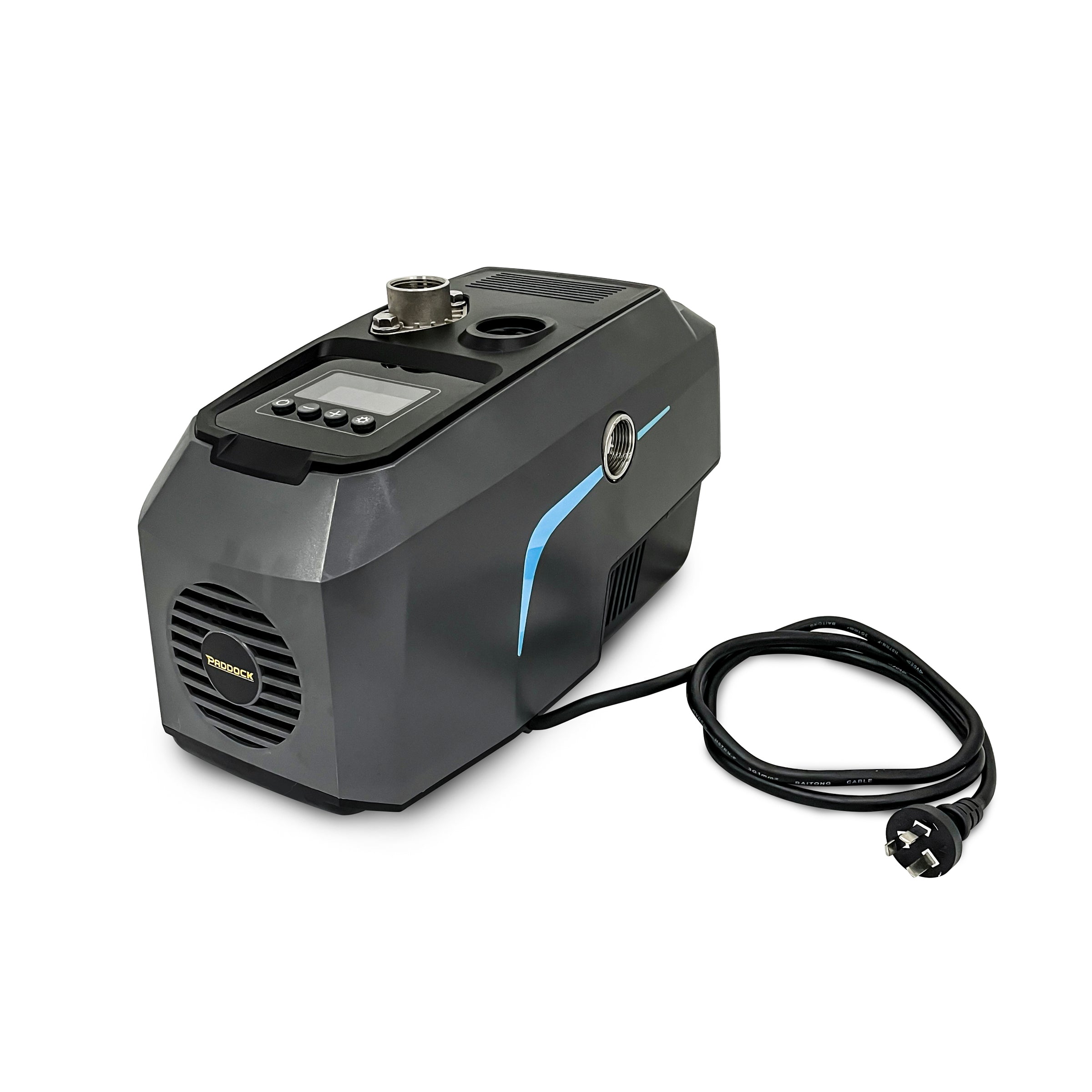 The Scintex Paddock Domestic Water Pump w/VFD 900W is a black and gray electronic device with a digital display, buttons, top dial, vented front panel, and an attached, coiled power cord with plug.