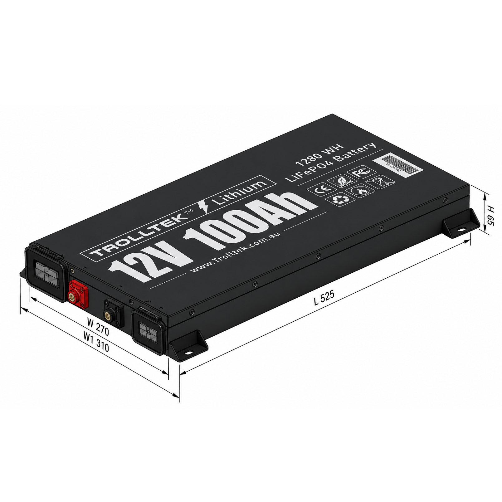 A black, rectangular 12V Trolltek™ LiFePO4 Super Slimline Lithium Battery with Bluetooth app, featuring labeled dimensions and connection terminals, as well as branding and technical details from Trolltek on the top surface. Engineered with an advanced battery management system, this lithium battery delivers reliable performance and a long cycle life.