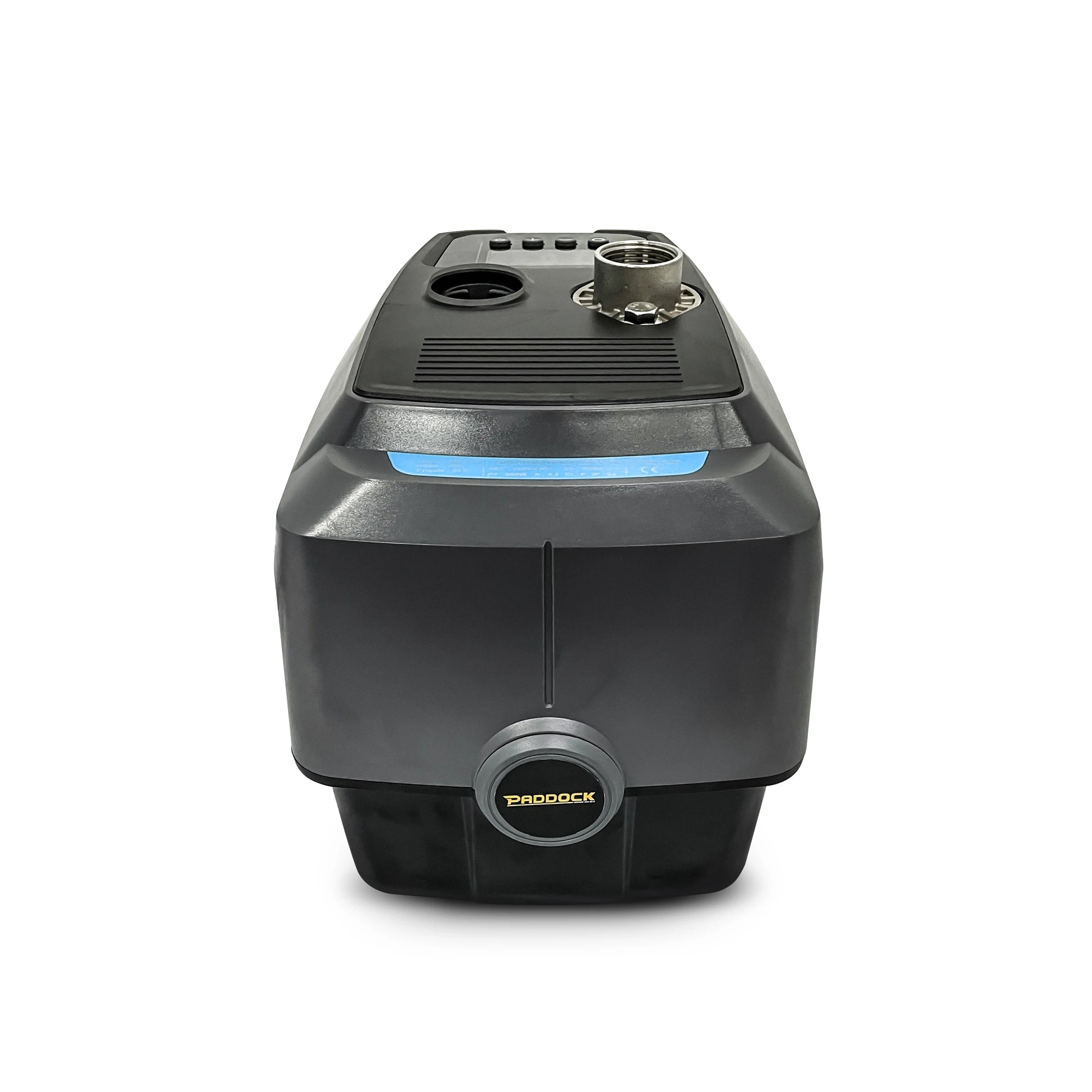 The Scintex Paddock Domestic Water Pump w/VFD 900W is a black, rectangular device featuring a circular dial on the front with buttons and a metallic connector on top, displayed against a white background.