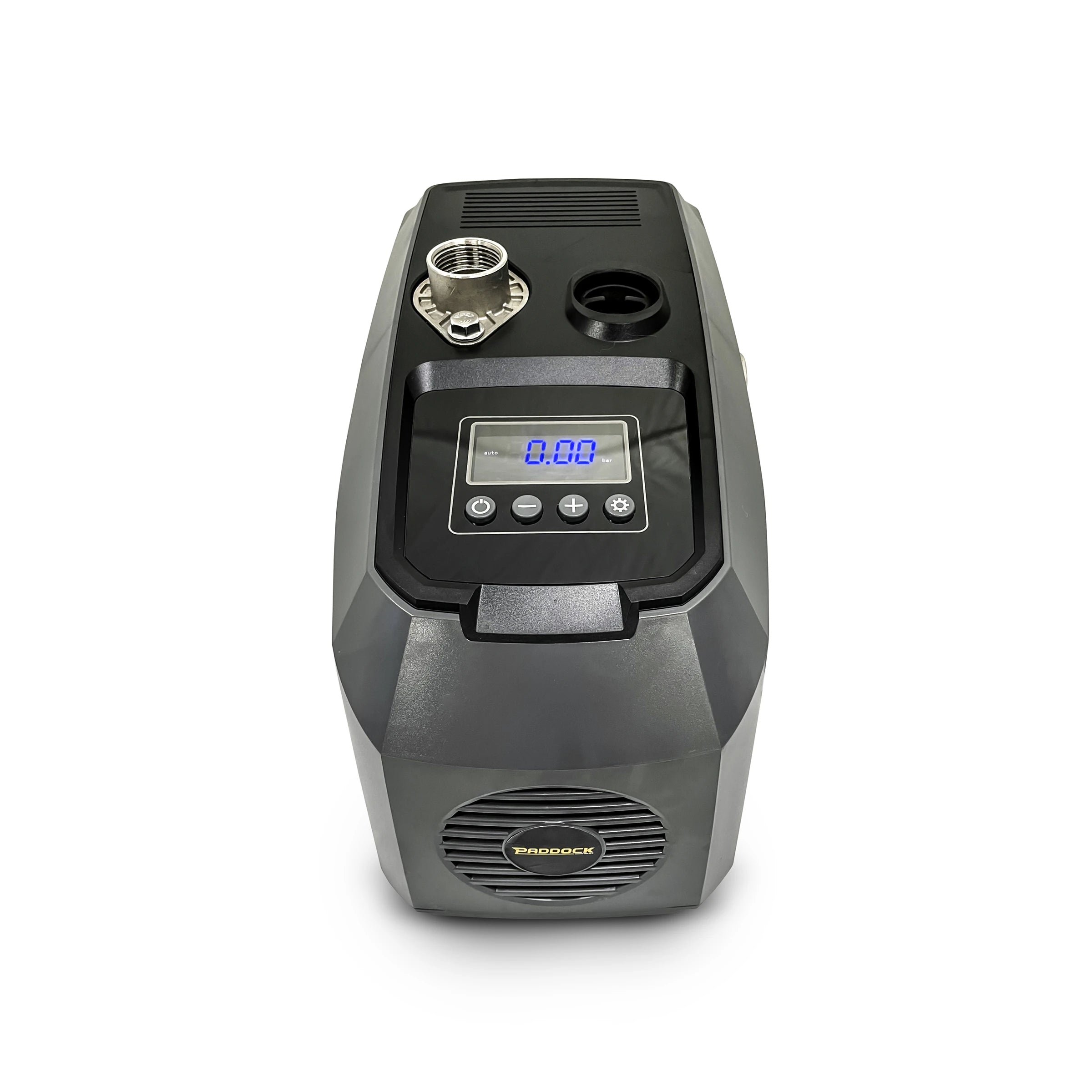 The Scintex Paddock Domestic Water Pump w/VFD 900W features a black and gray design, a digital display reading 0.00, circular vent with Tradeck logo, and two top ports—one metallic and one black.