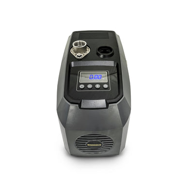 The Scintex Paddock Domestic Water Pump w/VFD 900W features a black and gray design, a digital display reading 0.00, circular vent with Tradeck logo, and two top ports—one metallic and one black.