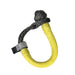 The Sherpa 4x4 Soft Rope Shackles by Sherpa 4x4 have a gray knotted loop, yellow braided body, and “SHERPA” label. Coiled in an oval shape, these synthetic soft shackles are ideal for recovery kits.
