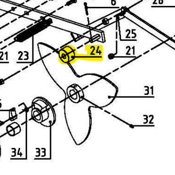 Diagram showing a labeled part (number 24, highlighted in yellow) attached to a boat propeller assembly, with additional numbered components and connector lines in black and white. The diagram features specific elements such as the Manure Spreader Cam Roller Bush by Scintex and PATVMANS01, similar to those found in manure spreader spare parts.