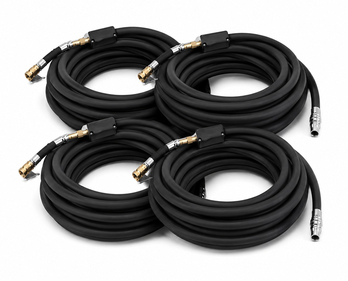 Four coiled black rubber hoses with metallic connectors from the Sherpa 4x4 ‘BIG V4’ Quad-Air Bundle (400 L/min) 4-Tyre Inflation System, designed for use with a portable compressor or 4WD air compressor, are arranged in a square pattern on a white background.