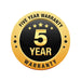 Gold and black circular badge with stars displaying “Five Year Warranty” and “5 Year” in bold text, indicating a 5-year warranty on the Trolltek™ 12V LiFePO4 Super Slimline Lithium Battery with Bluetooth app from Trolltek.