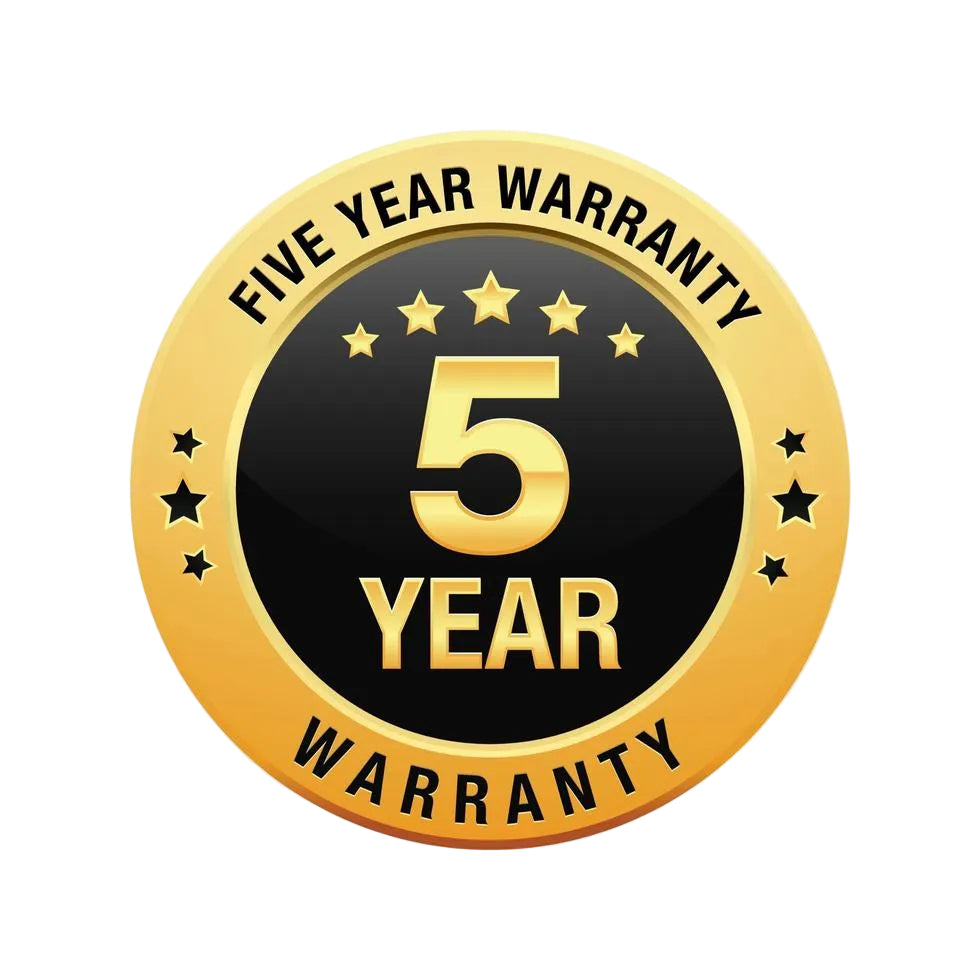 Gold and black circular badge with stars displaying “Five Year Warranty” and “5 Year” in bold text, indicating a 5-year warranty on the Trolltek™ 12V LiFePO4 Super Slimline Lithium Battery with Bluetooth app from Trolltek.