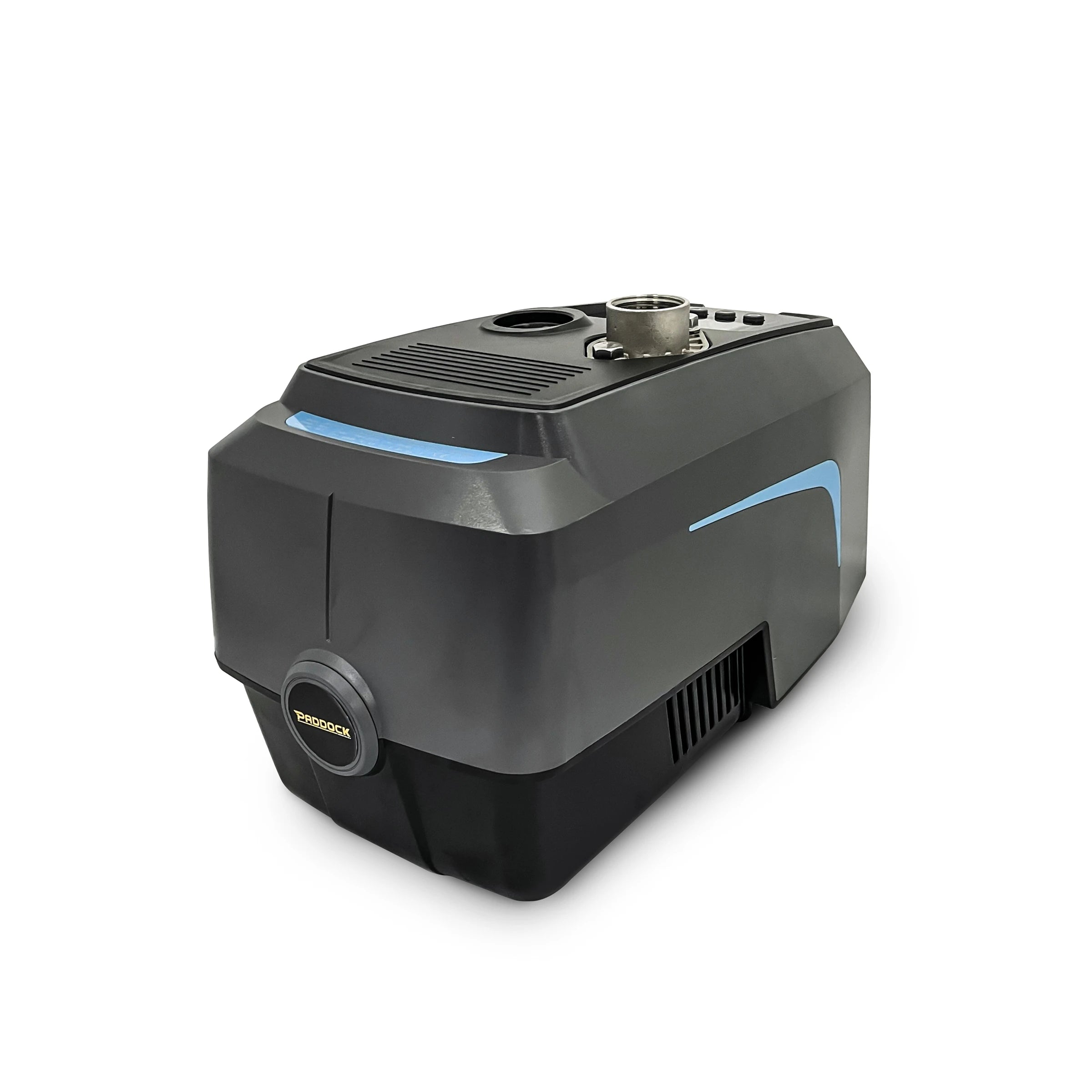 The Scintex Paddock Domestic Water Pump w/VFD 900W features black and gray housing with a blue accent, a circular top connector, and vented sides, shown against a white background.