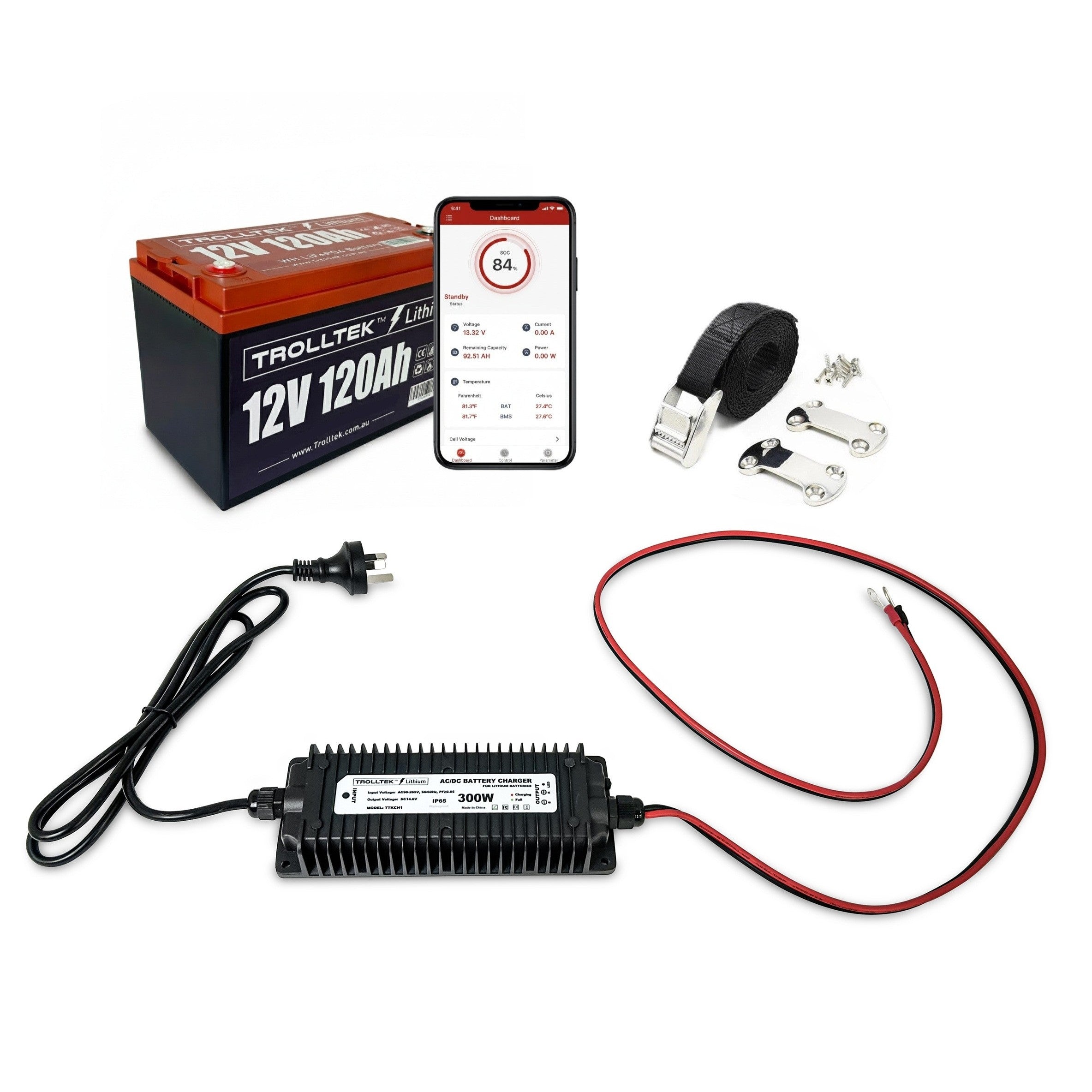 The Trolltek™ 12V LiFePO4 Lithium Battery AC Bundle by FREE SHIPPING includes a Bluetooth battery, smartphone battery monitoring, charging cable, strap, mounting hardware, and charger—perfect as a trolling motor battery. All items shown on a white background.
